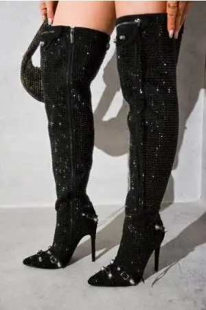 

Bling Black Sliver Full Crystal Rhinestone Pointed Toe Rivet Zipper Tassel Stiletto Heel Over The Knee Boots Thigh Long Botas