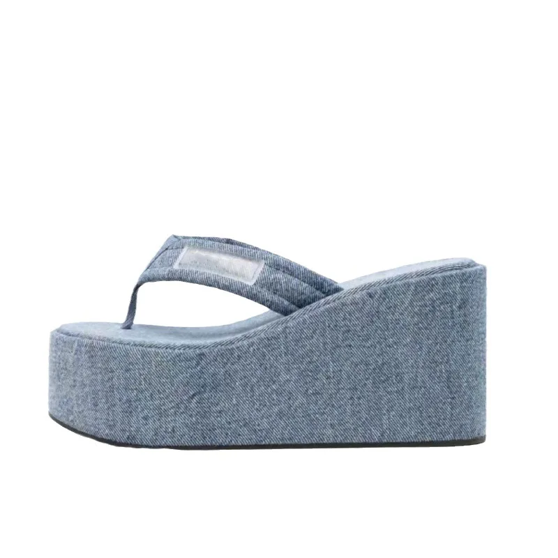 2024 summer new elevating platform slippers women wear denim blue herrera wave with sandals