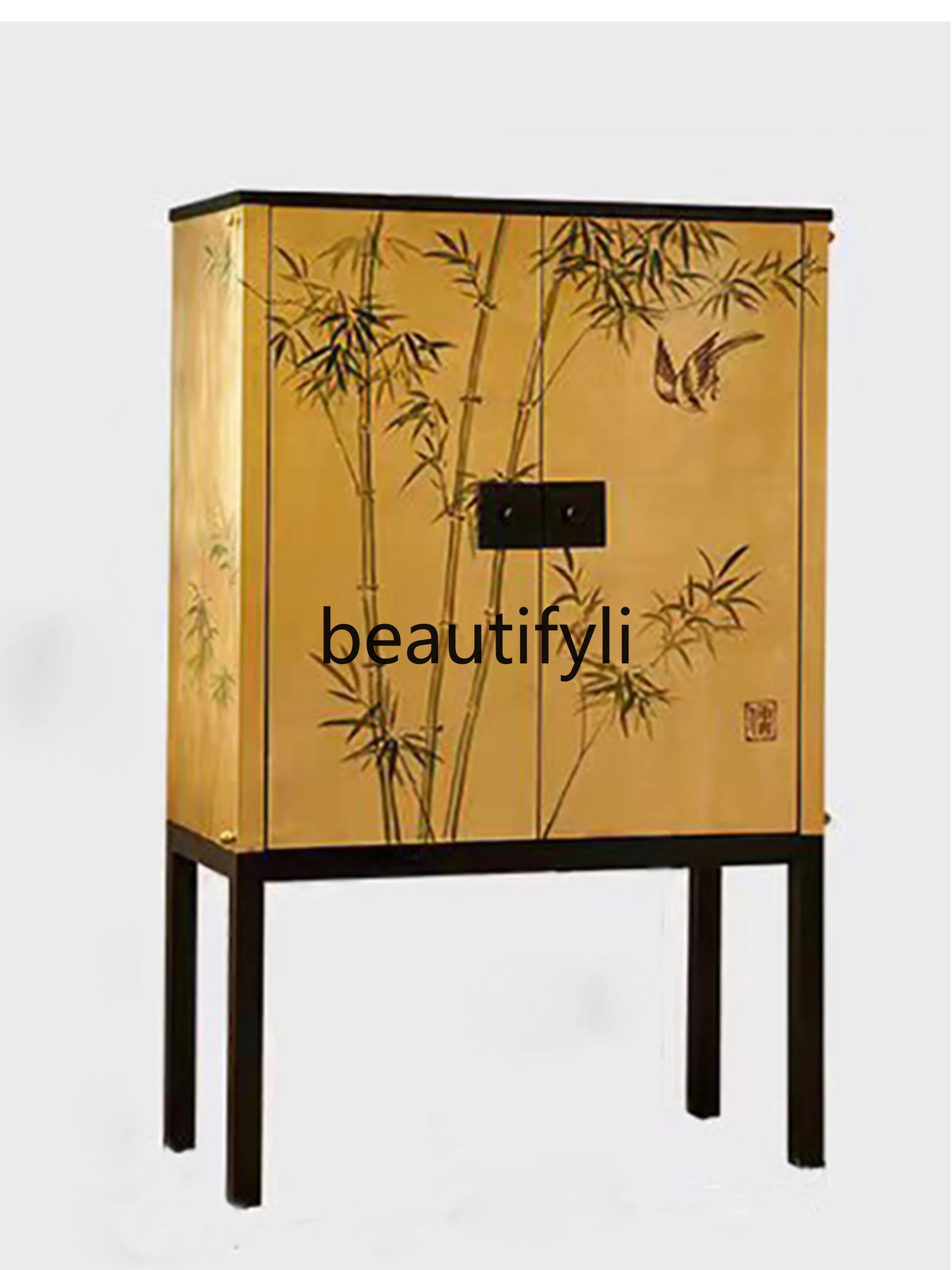 

Chinese solid porch cabinet French retro living room corridor vertical cabinet light luxury gold foil collection side cabinet