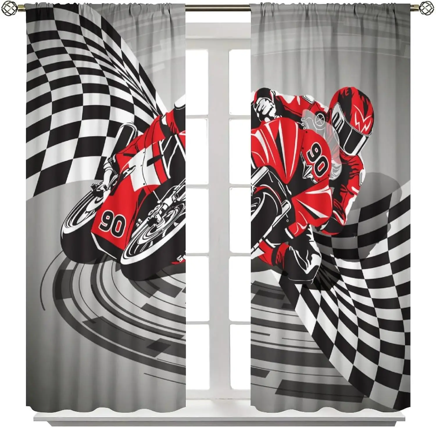 Motorcycle Blackout Curtains, Cartoon Cool Checkered Racing Flag Red Motor Window Drapes for Kids Teens and Men Bedroom