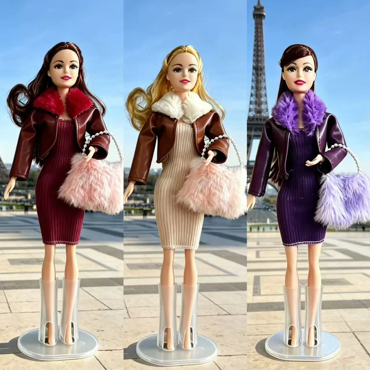 

City Girl Commuter Look Fur-collared Leather Jacket+Knitted Dress+Plush Handbag Set For 1/6 Babi Supermodel Doll Clothes Parts