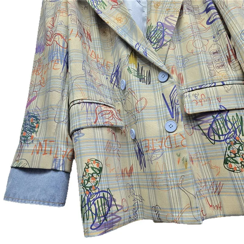 Frühling Mode Hand Bemalt Graffiti Print Frauen Anzug Jacke Lose Beiläufige Kerb Kragen Langarm Weibliche Blazer Streetwear