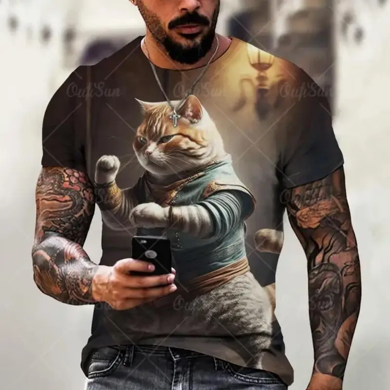Cool Animal Ninja Cat Graphic Tees For Men Women Sakura Moon Background O‑Neck Short Sleeve Casual Clothing
