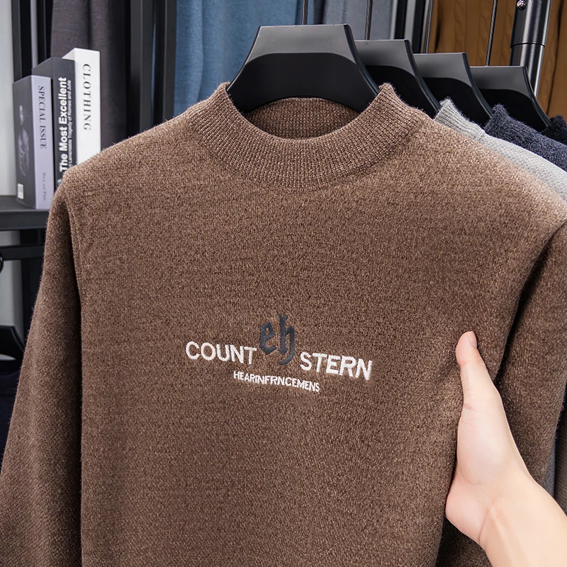 

Мужской свитер из норкового флиса 2025 года, осенне-зимний новый стиль, рубашка с полувысоким воротником, толстый теплый топ среднего и молодого возраста