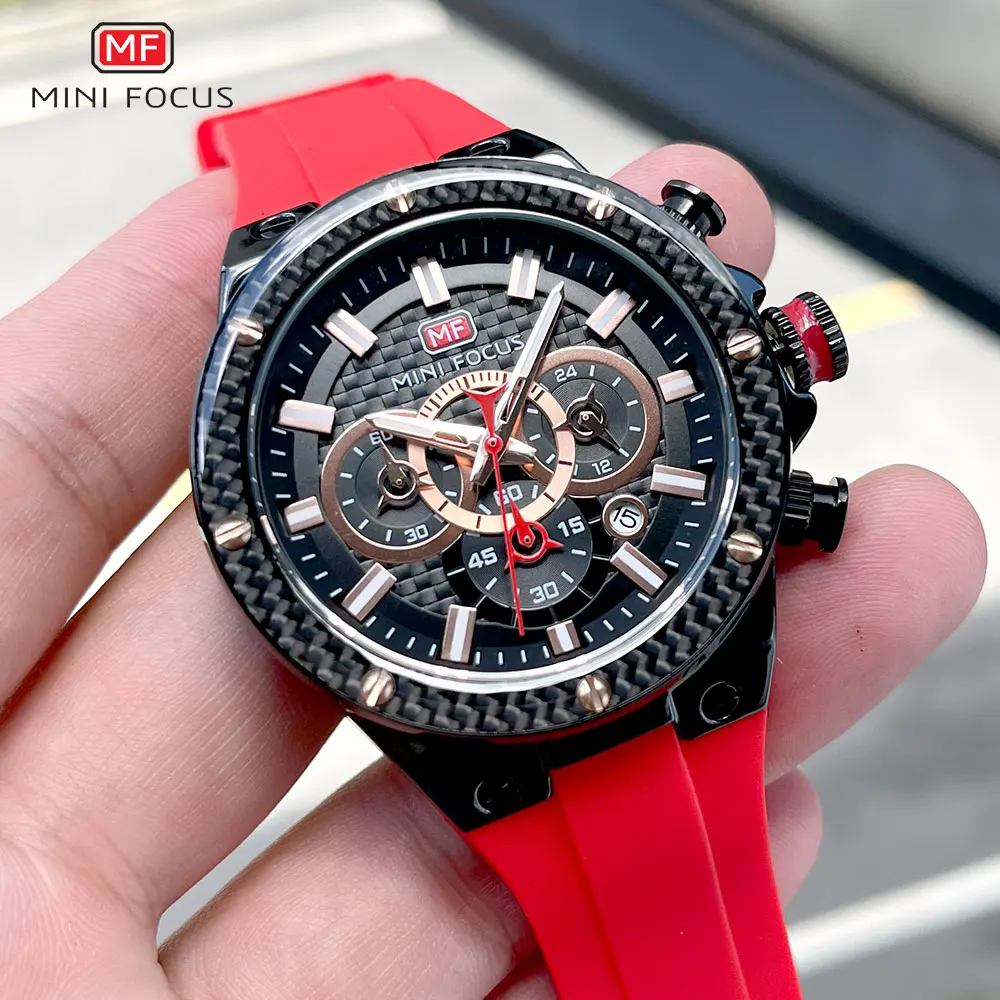 MINI FOCUS Red Sport Watch for Men Fashion Waterproof Silicone Strap Chronograph Quartz Wristwatch with Date Luminous Hands 0468