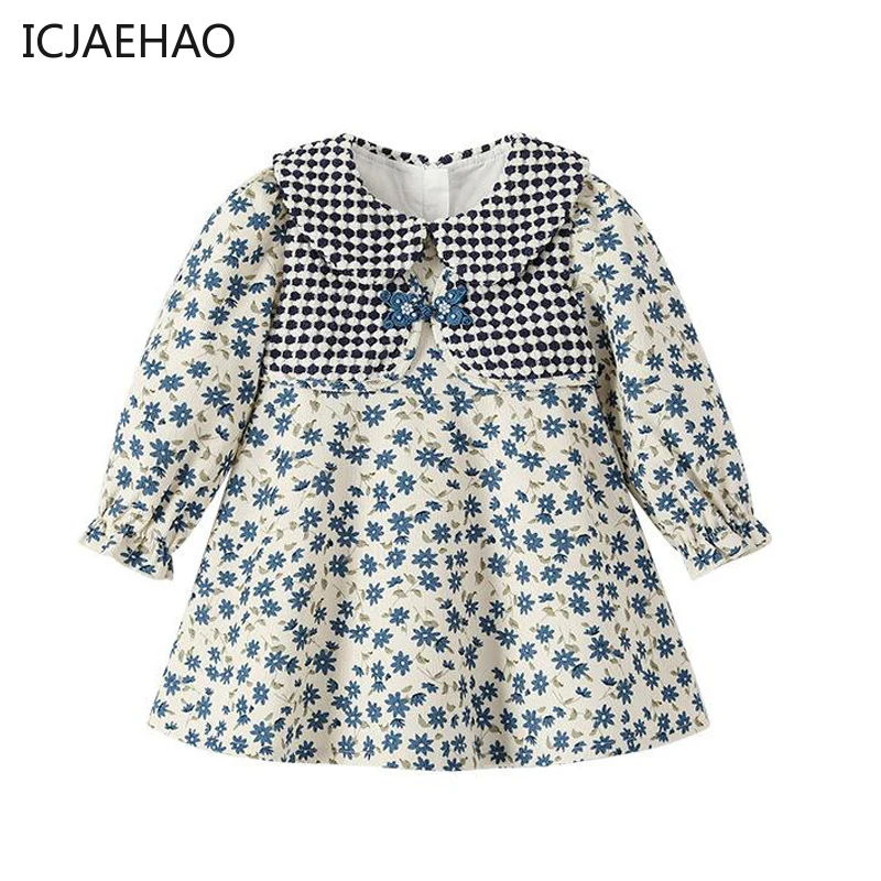 Kids Girl Floral Dress for Autumn Newborn Children Fashion Boutique Blue Print Dresses Infant Elegant Outdoor Clothes 0- 4 Years