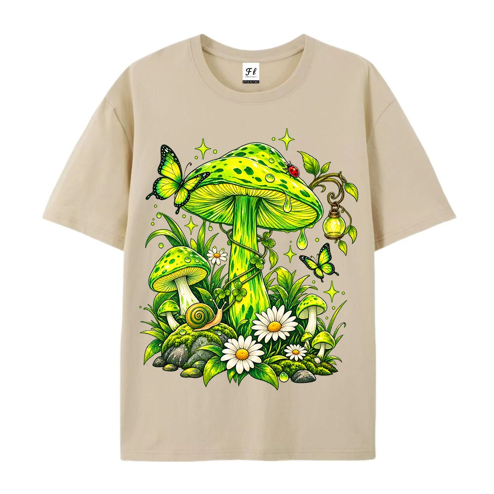 Vintage Nature Graphic Tee for Men Women, Green Magic Mushroom Butterfly Snail Daisy Retro Cottagecore Print Short Sleeve Loose
