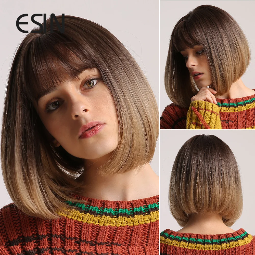 

ESIN Synthetic Hair Brown Ombre to Light Brown Medium Long Straight Bob Wig with Bangs Cosplay Wigs for Women Heat Resistant