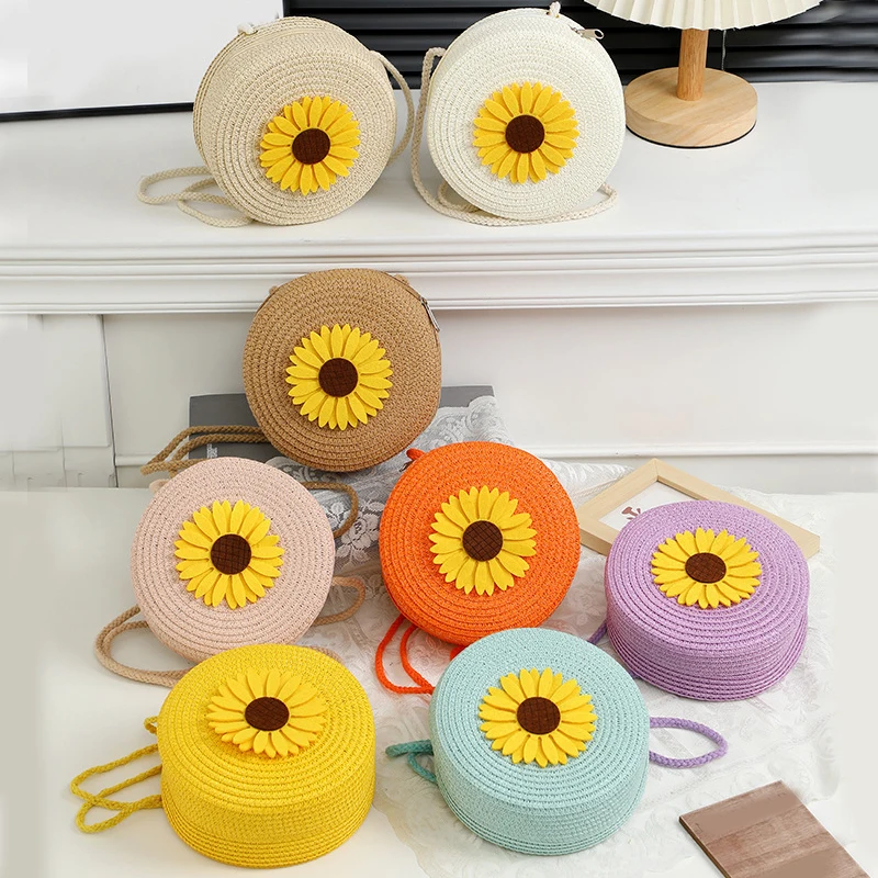 Minimalist Sunflower Decor Straw Bag Round Crossbody Purse Women Shoulder Vocation Holiday Handbag
