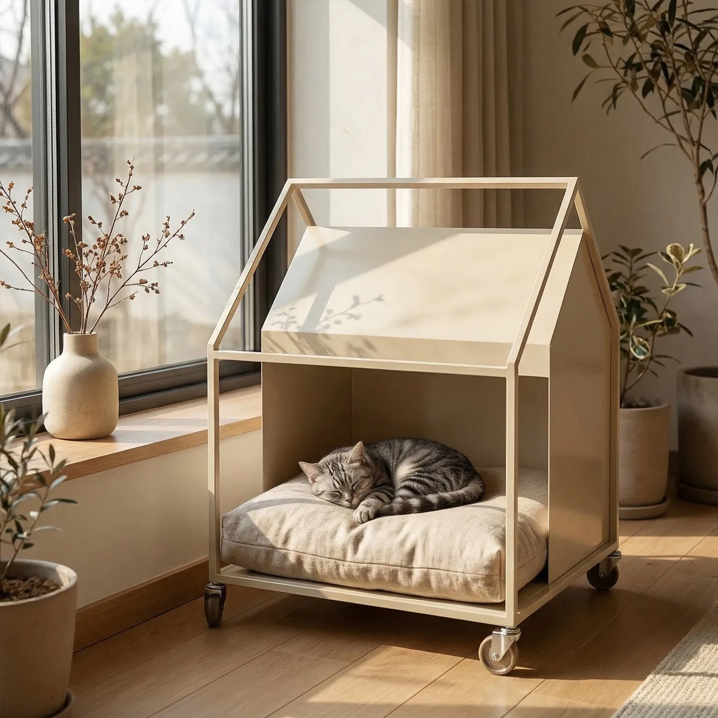 Cottage shape cat nest four seasons universal wheeled mobile pet bed cat villa cream wind can be pushed and pulled