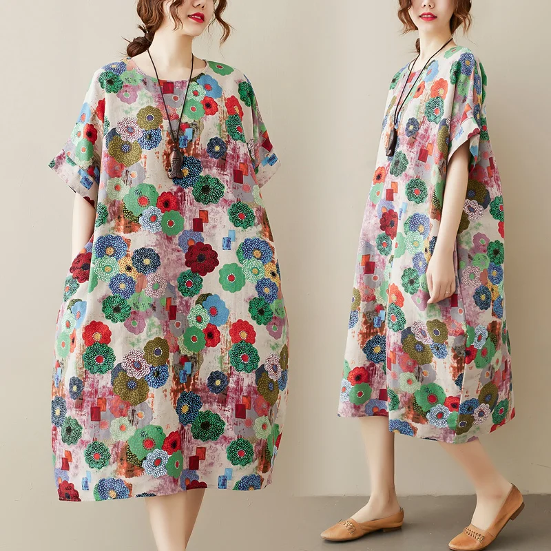 

Loose Cotton Linen Short Sleeve Print Dress for plus Size Women Summer Casual Wear Ageless Fashion Retro Style round Neck Dress