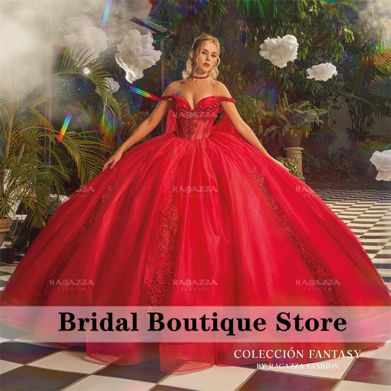 Vestido De quinceañera De princesa roja con capa, apliques florales, cuentas De cristales, vestido De graduación De 15 años, dulce 16, nuevo, 2024