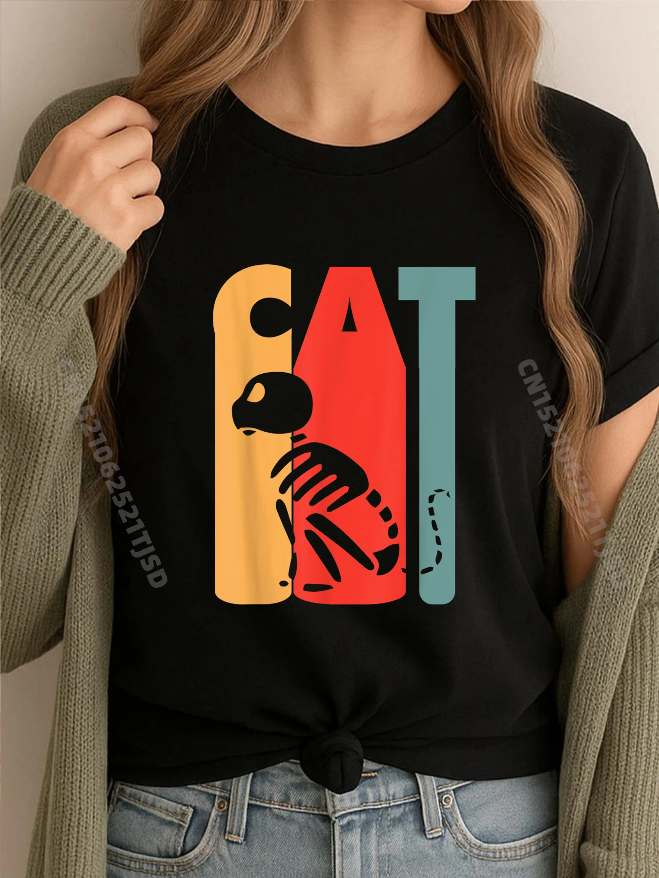 

Кот Скелет Винтаж Хэллоуин Жуткий Harajuku Camiseta Punk Style