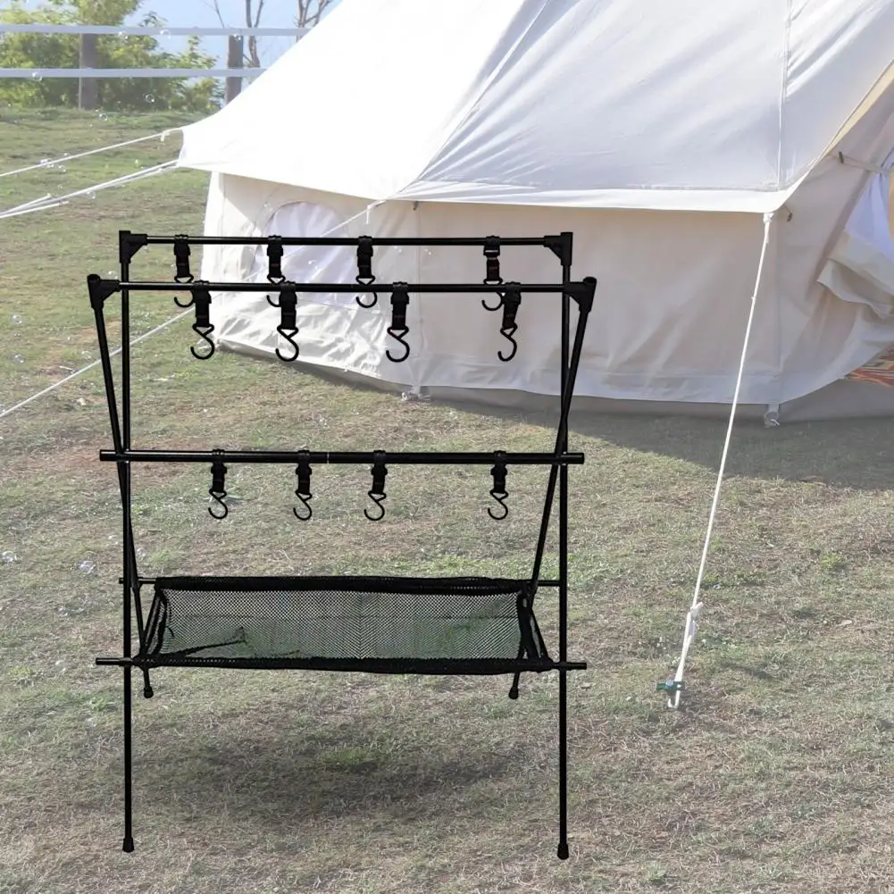 

Camping Shelving Foldable Camping Hanging Rack Tripod Hanger With Hooks Outdoor Cookware Pot Pan Lamp Clothes Storage Hang Rack