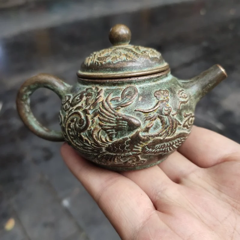 

Antique Bronze Collection Vintage Retro Dragon and Phoenix Wine Pot Teapot Home Tea Ceremony Craft Ornament