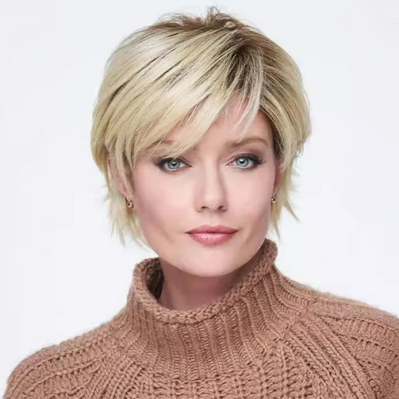 Wig for fashionable European and American women, fluffy golden , straight synthetic short curly hair