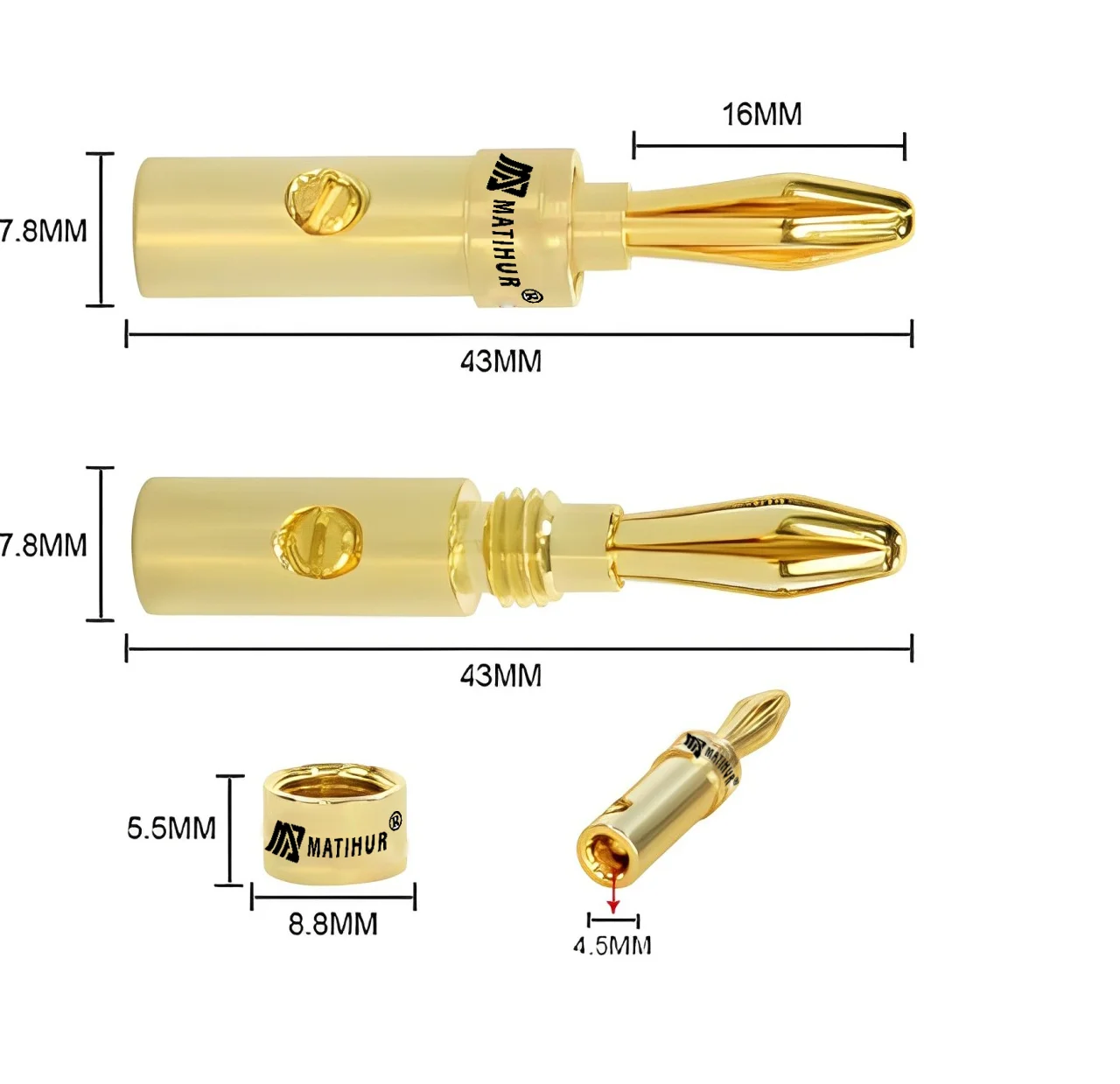 Wtyki bananowe HiFi Palic MATIHUR Pozłacane 24-karatowe złącze bananowe 4MM z blokadą śrubową do wtyczek głośnikowych Audio Jack 20 szt.