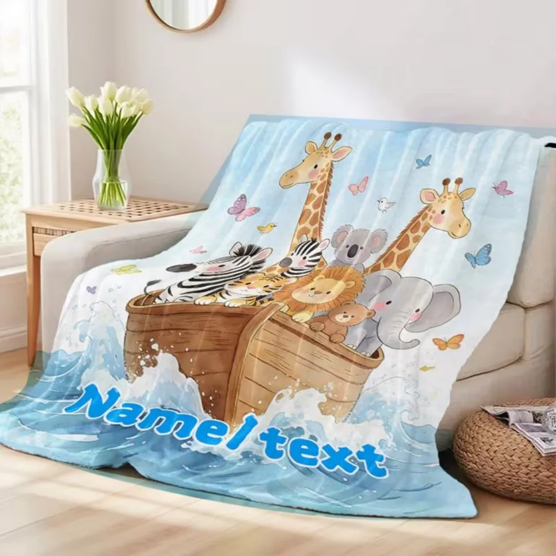 Personalized Custom Name Text Animal Nautical Theme Flannel Blanket, Giraffe Elephant Zebra Teddy Bear Digital Print Throw Blank