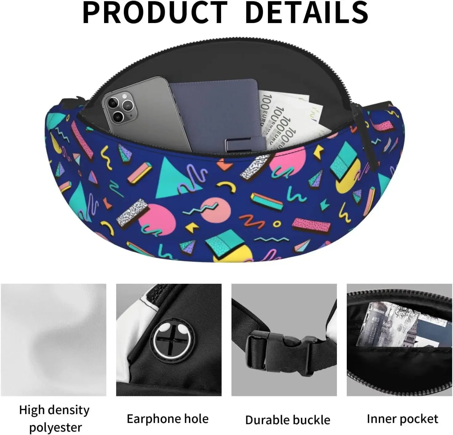 Retro 80s Memphis Fanny Pack for Men Women, Adjustable Belt Bag Casual Waist Pack for Travel Party Hiking Running Cycling