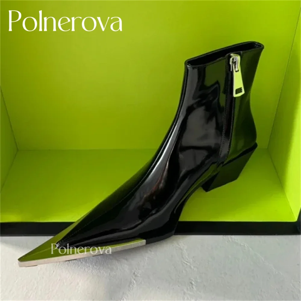 Metal Pointed Toe Booties Novel Design Ankle Boots Zipper Square Heel Elongated Pointed Fashion Shoes Black Pu Leather Hot Sale