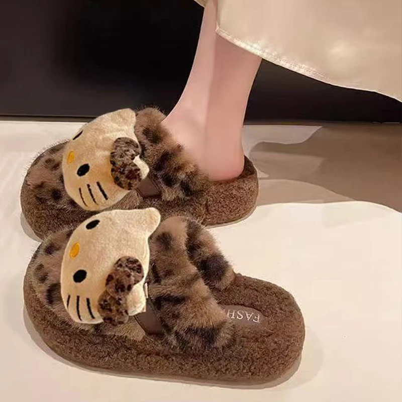 

Cotton Slipper Adorable Leopard Print Fur Hello Kitty Slippers Women's Outdoor Winter Ins Girl's Heart Fluffy Home Head Covered
