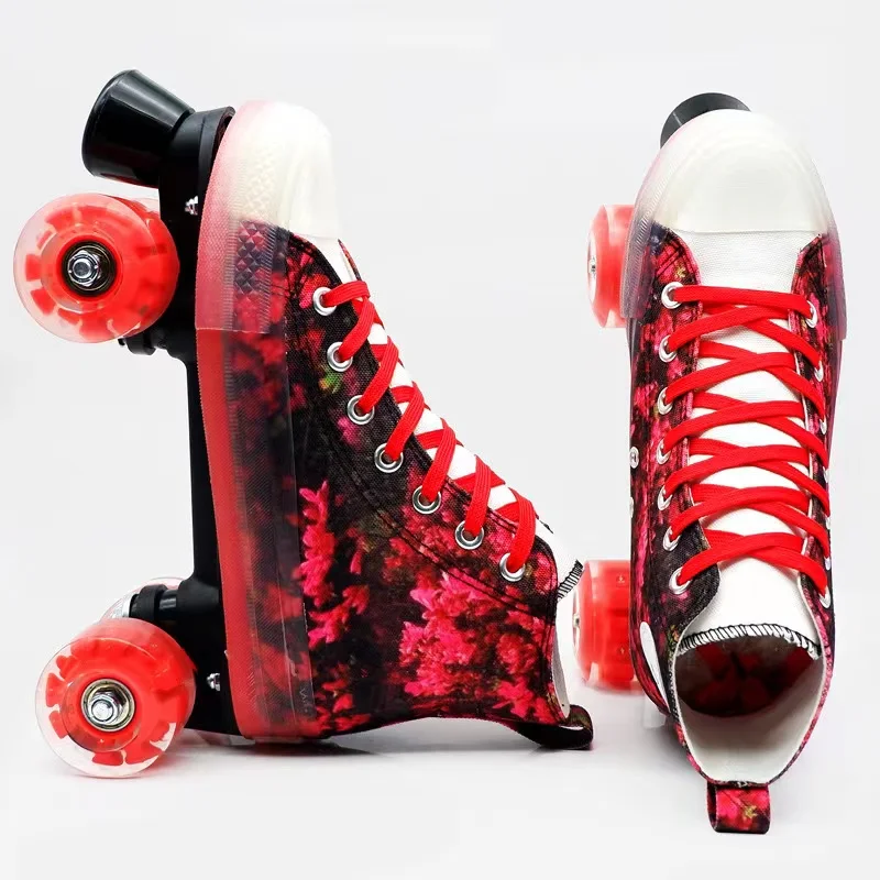 

Double Row Roller Skates for Beginner, Red, Breathable, Comfortable Canvas, Luminous, 4 Wheels, Sliding Sneaker, Adult Boys