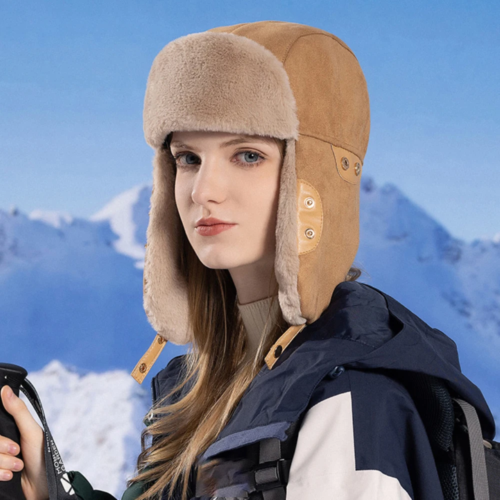 Ht4509 chapéu bomber grosso quente chapéus de inverno para mulheres camurça de alta qualidade chapéu de pele russa senhoras neve esqui trapper earflap boné