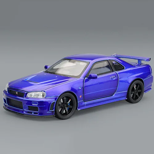 1:32 Nisaan 합금 다이캐스트 미니어처 차량 모델 장난감, GTR-R34 럭셔리카 로고 모델, 사운드 라이트 풀백 어린이 선물 