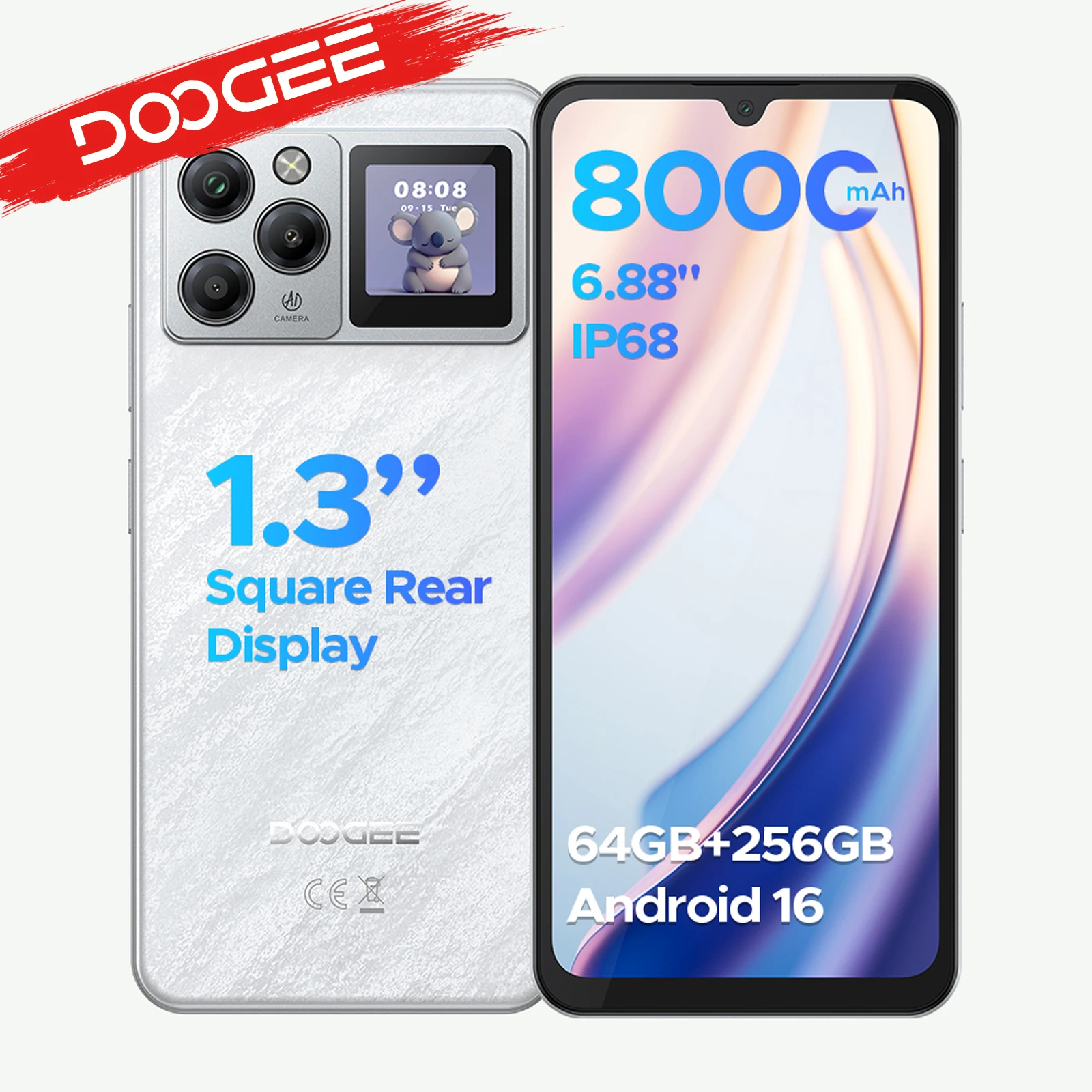 DOOGEE M30 Pro Smartphone 6.88" IP68 Waterproof Android 16 8000mAh Battery 1.3inch Rear Display 64GB(8+56) 256GB NFC Google Pay
