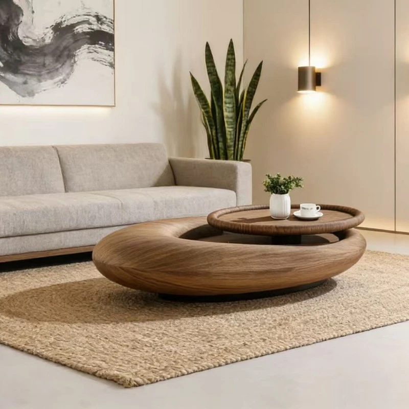 Modern simple log wind solid wood oval storage double-layer coffee table living room