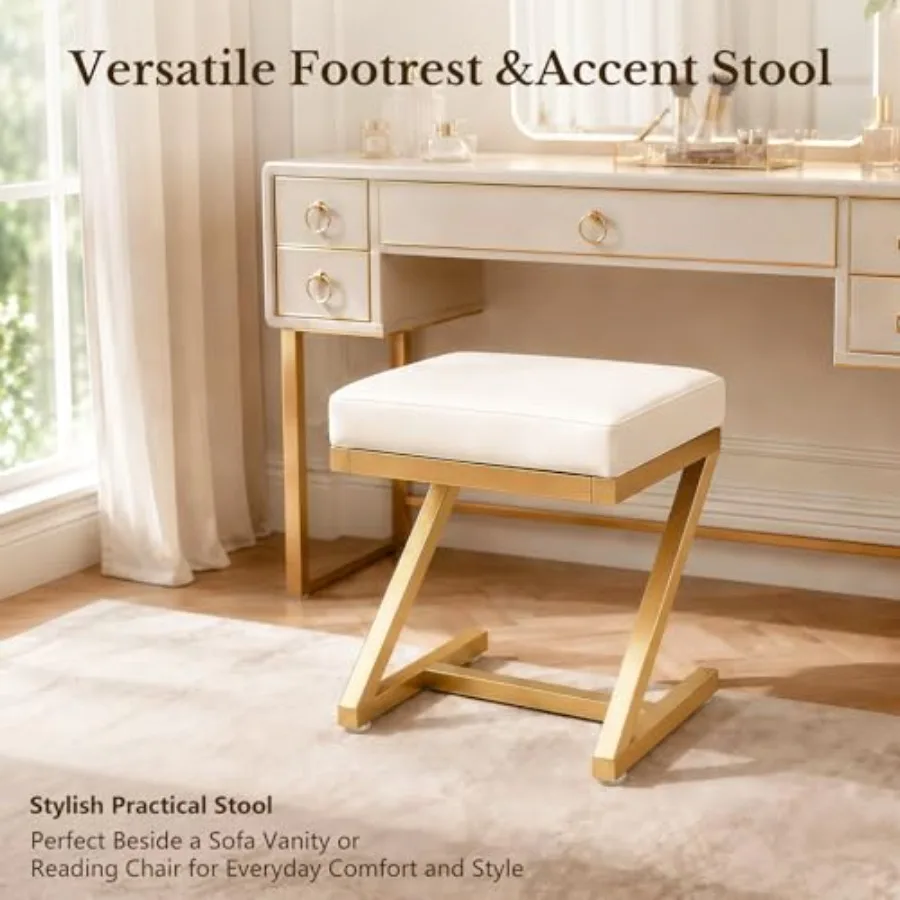 Makeup Vanity Stool Chair Small Backless Leather Ottoman Bench in Gold Cushioned Seat Metal Z-Frame for Vanity Desk, Bathroom, view 5