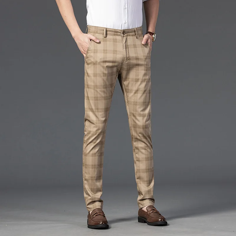 Black Beige Summer Plaid Pants Men Korea Style Regular Fit Office Suit Pants Formal Dress Trousers For Men Wendding