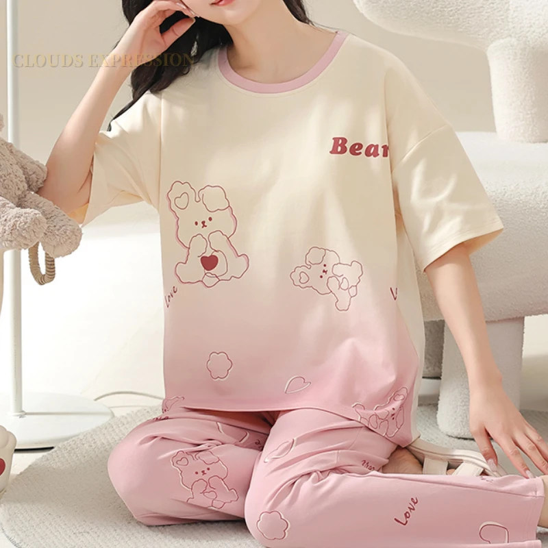 Conjunto de Pijama de manga corta para Mujer, ropa de dormir de punto con estampado de oso de dibujos animados, a cuadros, elegante, para estar en