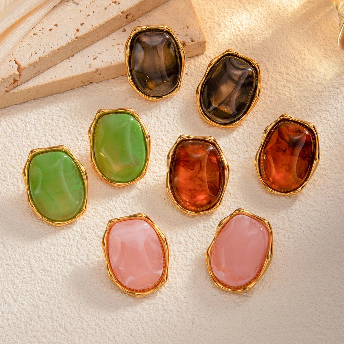 

PuRui Vintage Inlaid Resin Stainless Steel Stud Earrings for Women Boho 18K Gold Plated Irregular Earrings Non fading Jewelry