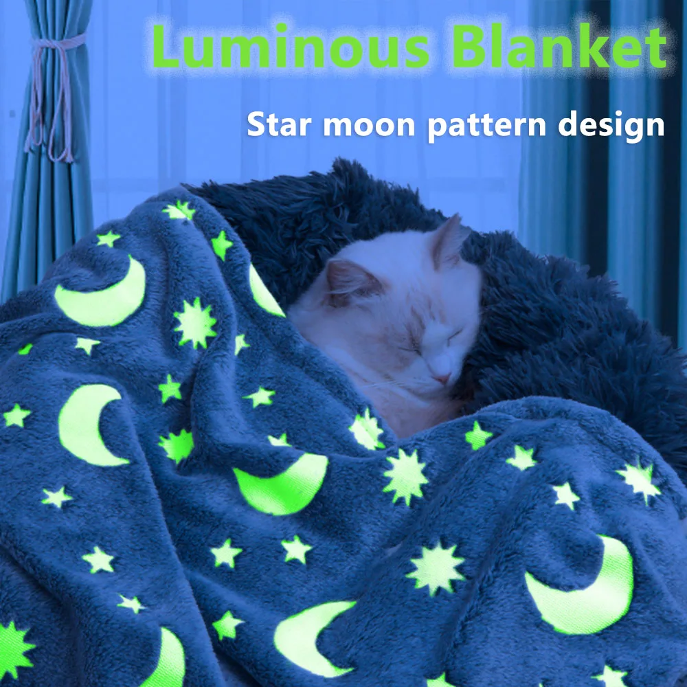 Dog Blanket Luminous,Star Moon Pattern Soft Plush Pet Comfortable Blanket Throw Blanket Glow in The Dark For small medium Pet