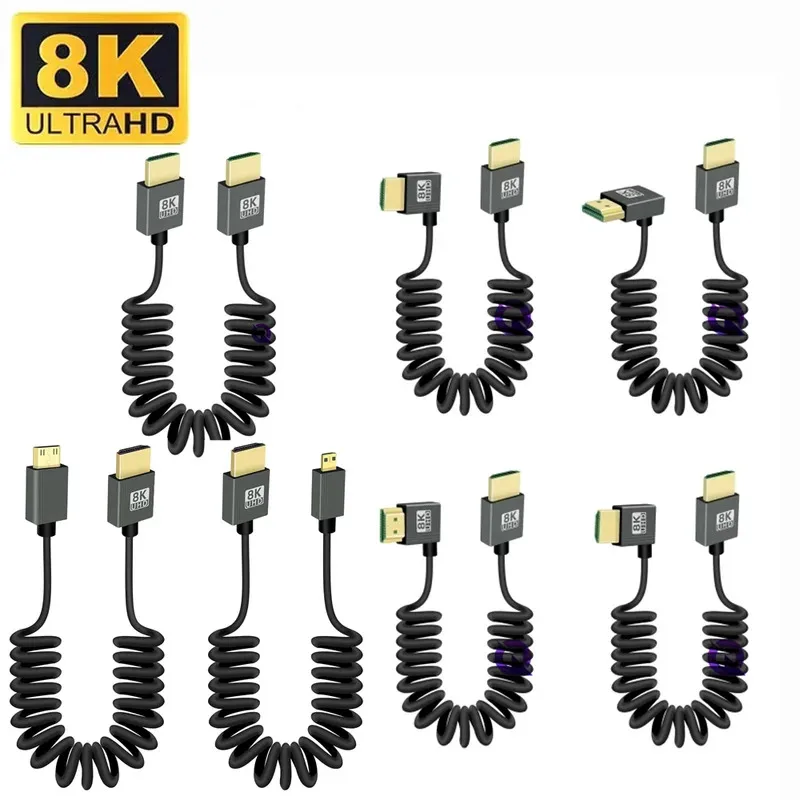 1 متر المحمولة 8K UHD ملفوف كابل صغير/مايكرو HDMI متوافق تمتد الربيع الحبل للكمبيوتر المحمول كاميرا لوحية شاشة كاميرا DV HDTV #2