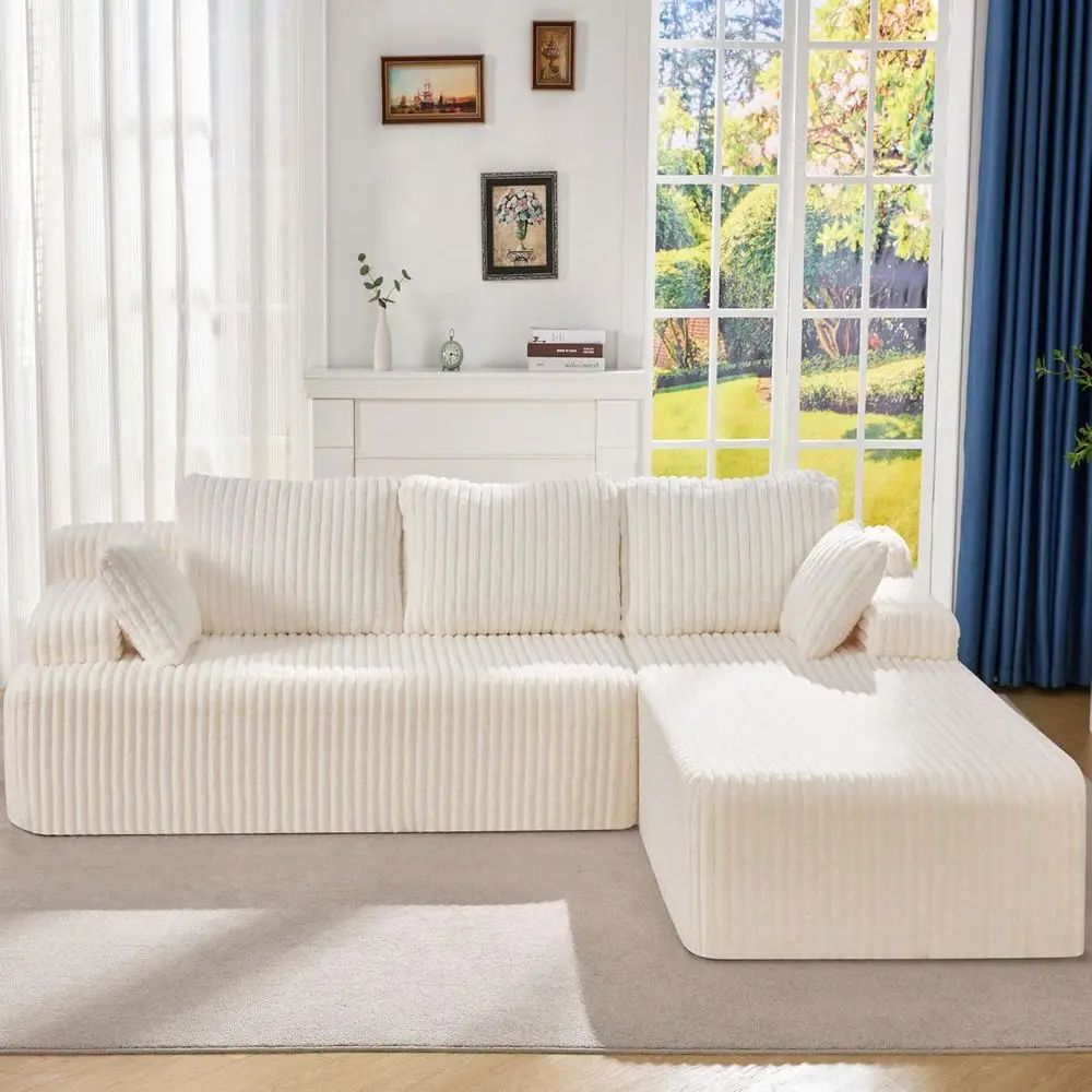 3-Seat L-Shape Memory Foam Sectional Sofa with Oversized Chaise for Living Room (White Stripe, 108 Right-Facing Chaise)