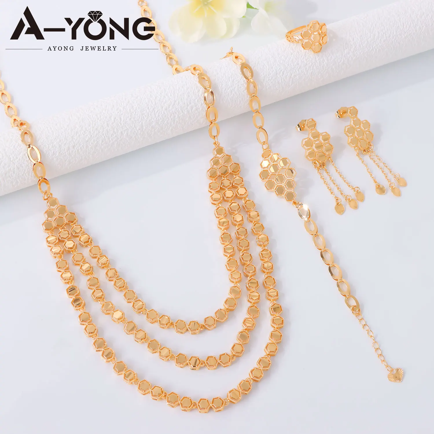Dubai Bridal Wedding Jewelry Set Arabic Gold Plated Multi-layer Necklace Bracelet Ring Earrings Ethiopian Fashion Jewelrys