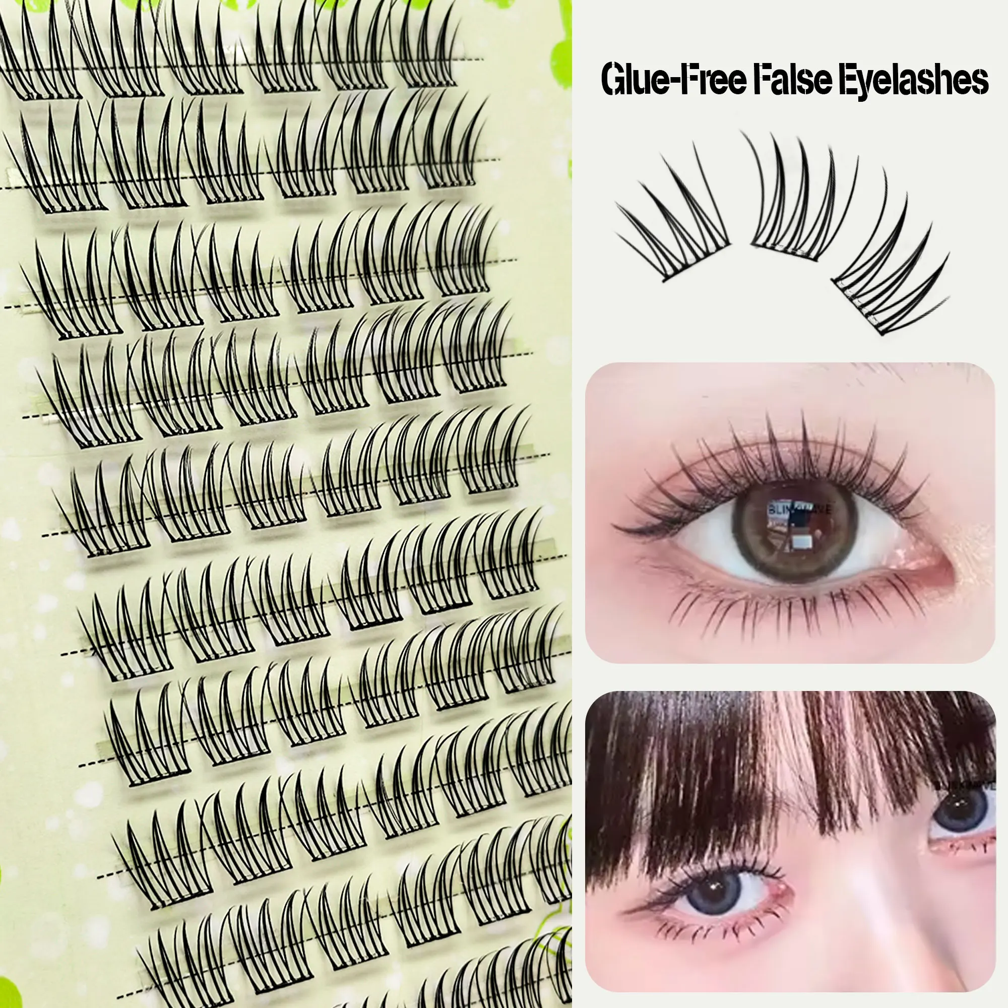 10列の接着剤不要つけまつげ、ナチュラル、フレッシュ、カール、漫画風の目、甘い日常使いのセグメントつけまつげ。