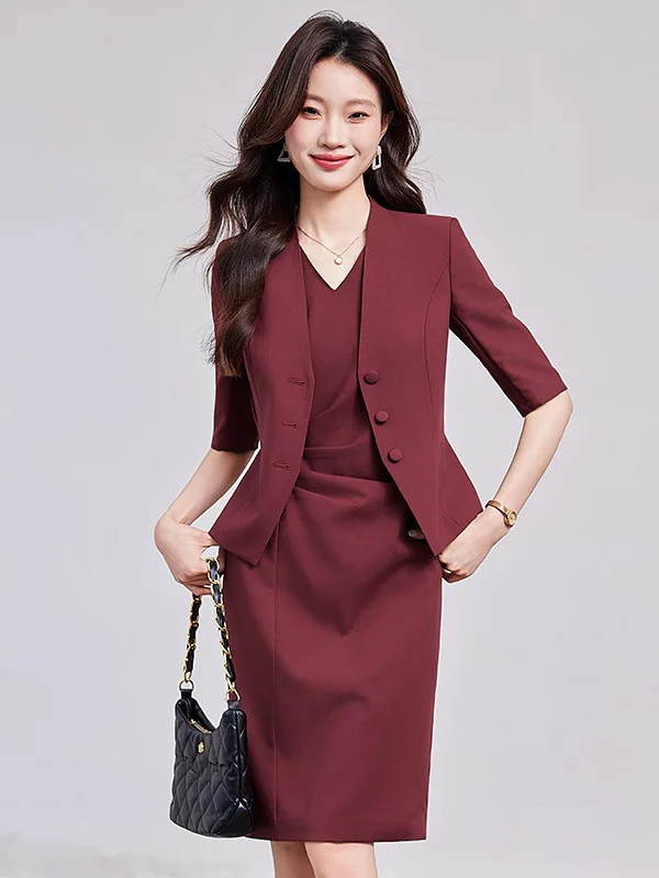 

Professional Work Uniform Suit Jacket Women's Spring Summer OL Style Sleeveless Wrap Dress Set Commute Career Fashion