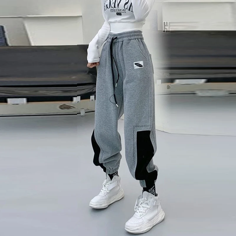 2023 Autumn Winter Women Korean Fashion Contrast Color Sports Joggers Baggy Harem Pants Casual Streetwear Fleece Warm Sweatpants