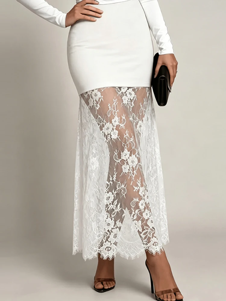 Solid Floral Lace Patchwork Bodycon Long Skirt Women Casual High Waist Midi Skirts Sexy Sheer Hem Slim Fit Elegant Pencil Skirts