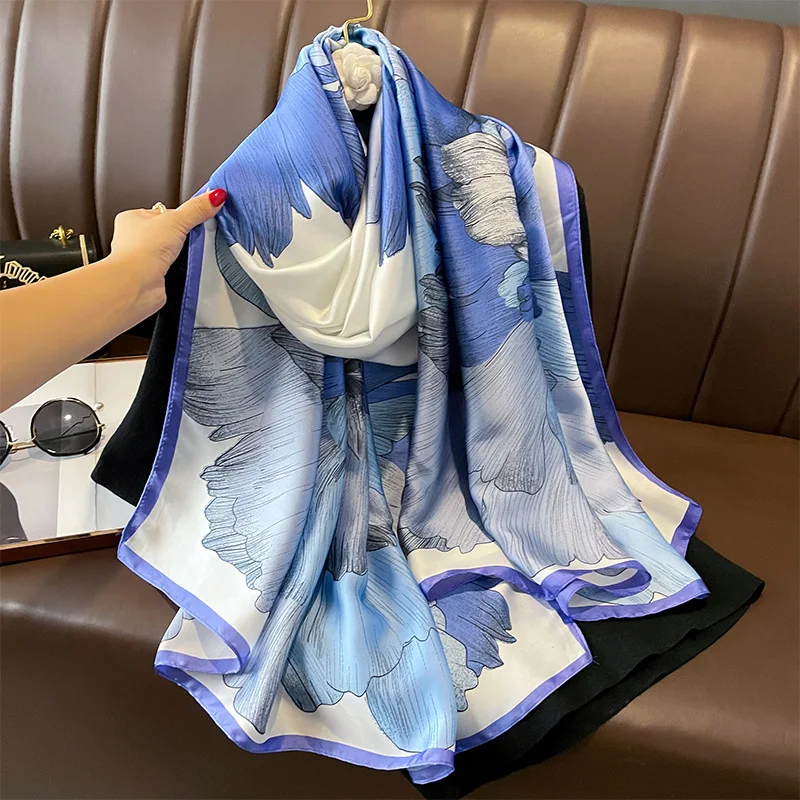 Luxury Brand Sunscreen Silk Scarves Four Seasons Soft Long Shawls Women 180X90CM Beach Stoles Fashion Print Satin Finish Scarf