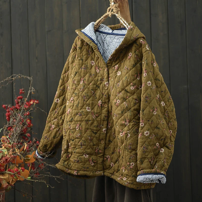 

100% Cotton Women Casual Quilted Coats New 2025 Winter Vintage Style Floral Print Loose Female Thick Warm Hooded Jackets M2128