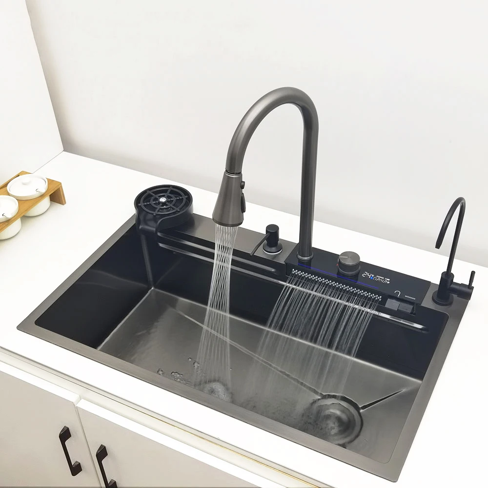 Fregadero de cocina en cascada, fregadero de acero inoxidable 304, lavabo individual grande con grifo de cascada LED multifunción sobre el mostrador