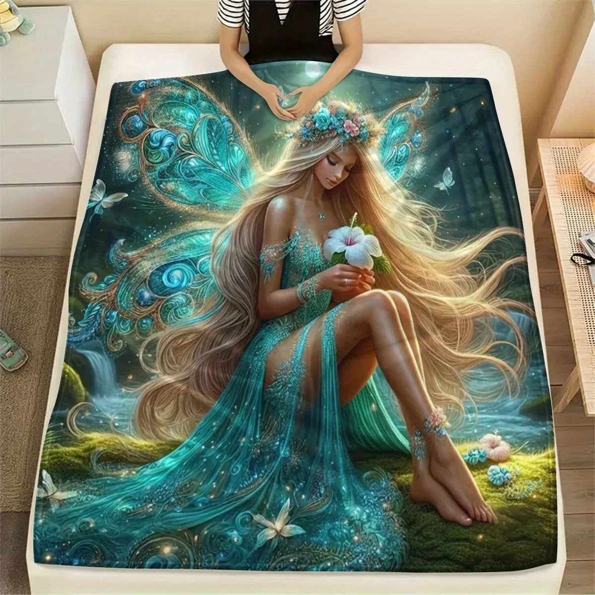 Fleece Blanket with Butterfly Wing Woman Pattern, Perfect for Napping in Dorms Or Offices. Printed Fleece Throw, a Great Gift fo