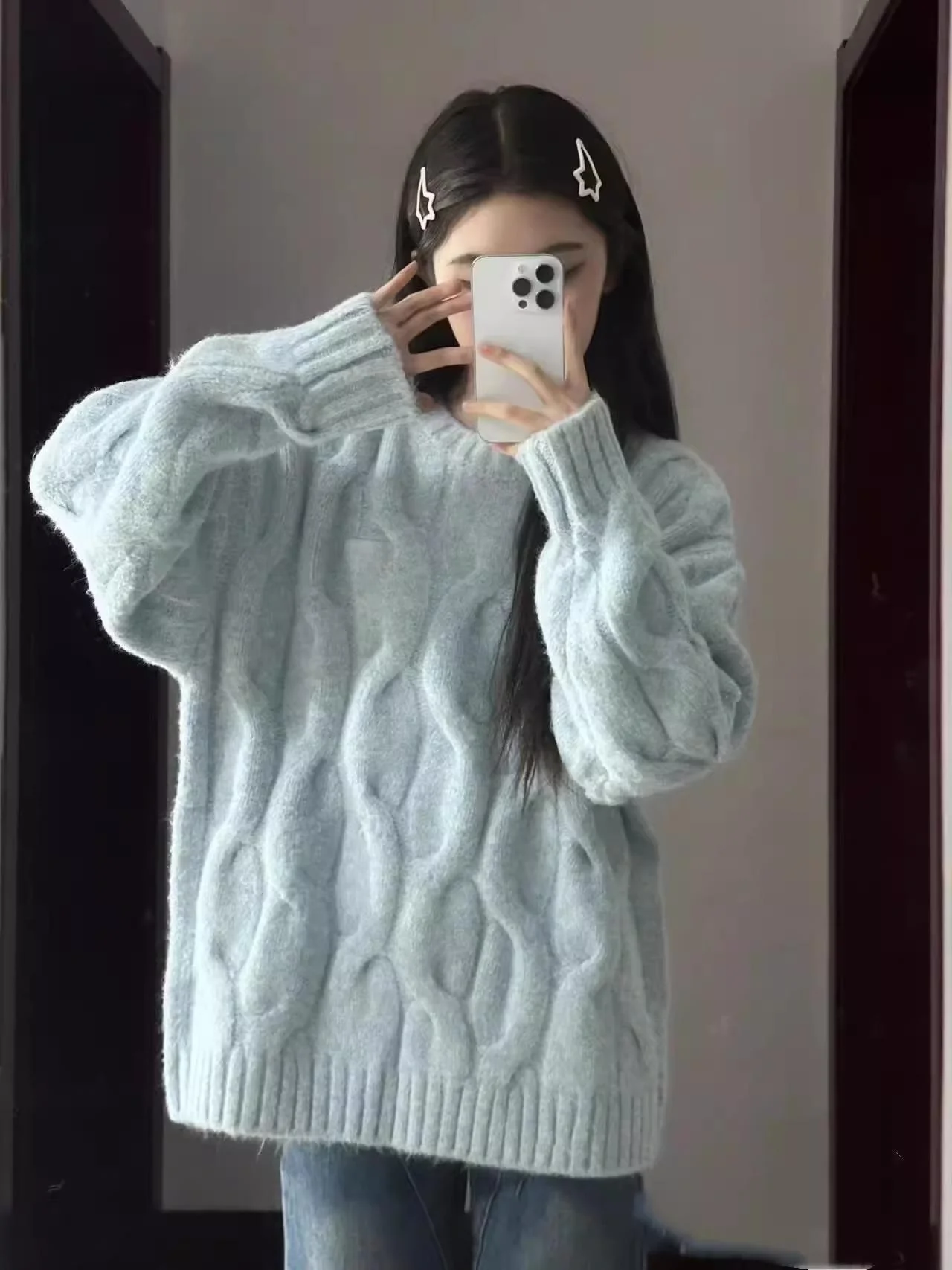 

Korean Sle Thiened Knitted round Ne Sweater Women's Loose Outerwear Lazy Soft And Warm Long Sve Top for Autumn Winter