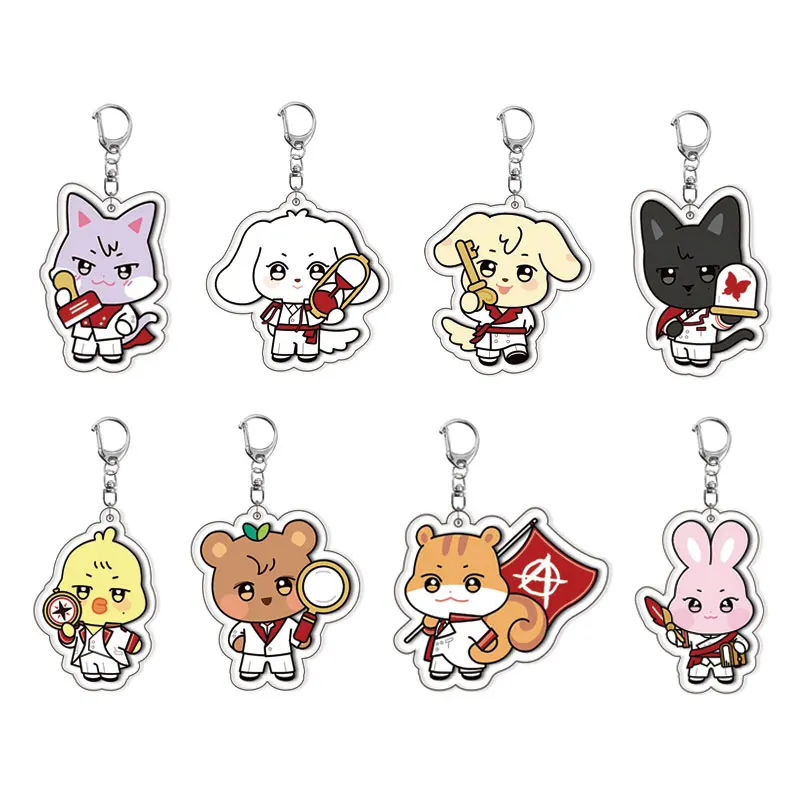 8pcs One Set Cartoon IP Character Rabbit Squirrel Chick Key Chain Keychains Ring For Accessories Bag Cartoon Pendant Keyring