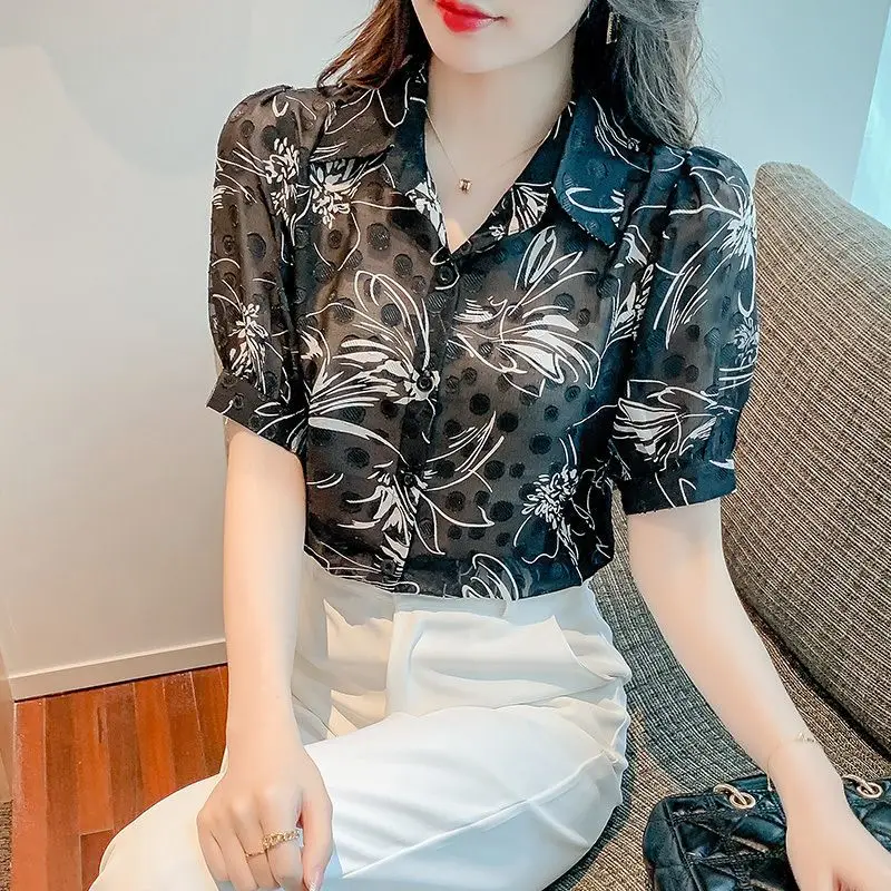 Women Summer Fashion Vintage Slim Printing Chiffon Polo-Neck Short Sleeve Shirts Women Clothes Trend All-match Appear Thin Tops