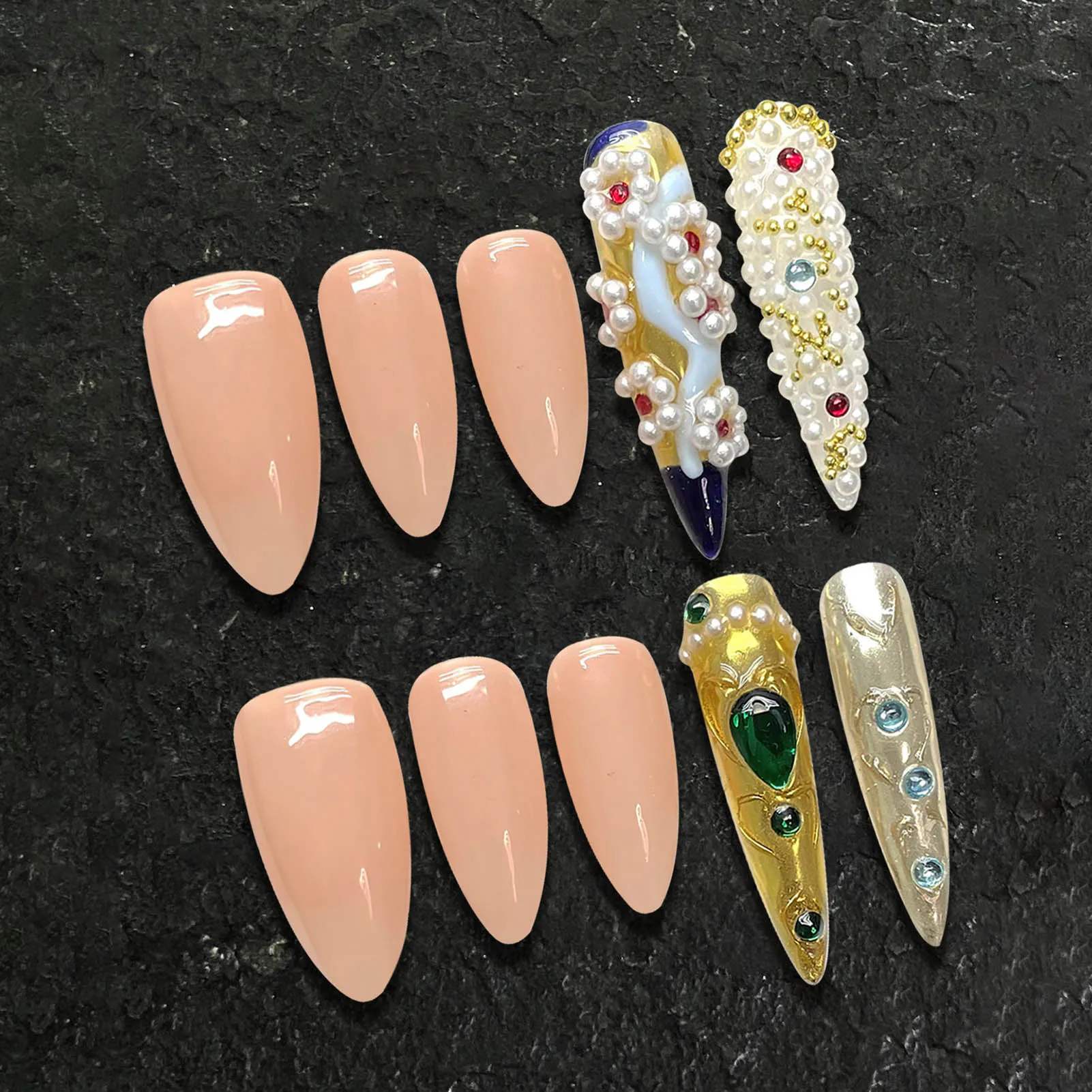 Handamde Nude Color Press On Nails Almond And Golden Long Pointed Fake Nail Tips With Pearl Diamond Designs Chinese Style Nails